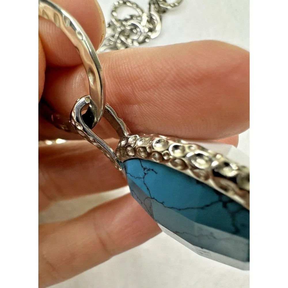 Hammered Links Necklace Turquoise White Pendant Reversible CA Stainless Steel